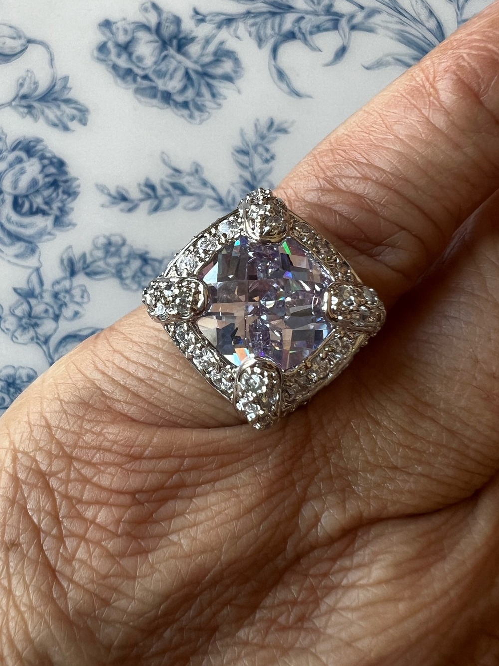 Lavender Statement Cocktail Ring Silver Tone Sparkle Size 5.5 #5513